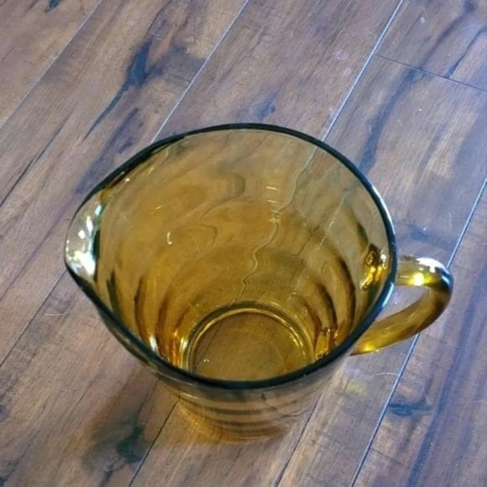 Vintage MCM Hazel Atlas Amber Glass Waterfall‎ Optic Ribbed Pitcher
